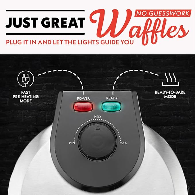 Gourmia Belgian Waffle Maker, Nonstick, Adjustable Browning Control, Cool Touch Handle, Indicator Lights, Quick Heat & Upright Storage, Compact, 1100W, Stainless Steel