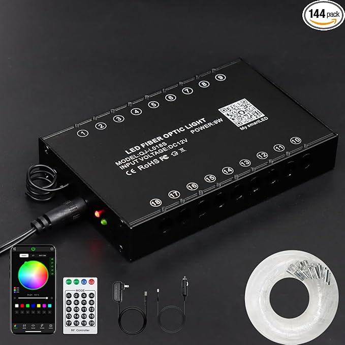 AMKI 144pcs*0.04in*13.1ft Pure White 18LED Meteor Shooting Stars Effect Fiber Optic Lights Kit,20 Modes Meteor Light Engine with Bluetooth+RF Remote Control
