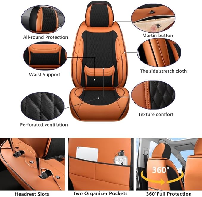 Car Seat Covers Full Set Custom Fit for Ford Taurus 1999-2018 - Premium Faux Leather with Lumbar Support | Breathable, Waterproof, Anti-Slip, Durable (Black&Brown,Full Set)