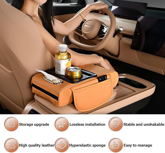 Car Armrest Cushion,5-in-1 Center Console Cover with 2 Storage Bags Cup Holder, Tissue Box Slot, Phone Slot for Sedans, Car Accessories Interior Organizers (Orange)