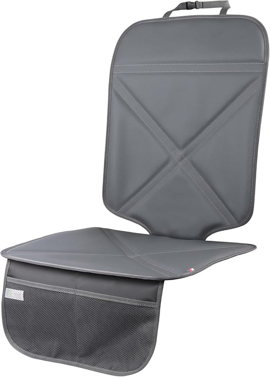 Car Seat Protector Leather Waterproof Child Safety Seat Protector Cover with Thick Pad and 2 Large Pockets Durable Kick Mat for All Auto Seat (Deep Gray)