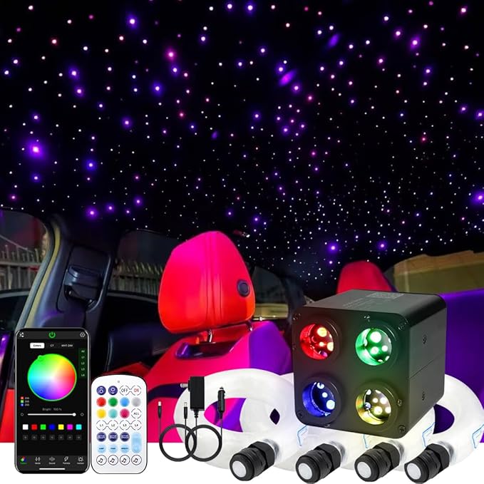 AZIMOM 4Port 36W Twinkle 2000pcs 0.03in 13.1ft Fiber Optic Starlight Headliner Kits 4Colors Light Source Sound Activated Remote APP Control Home Indoor Ceiling Car Headliner Decoration