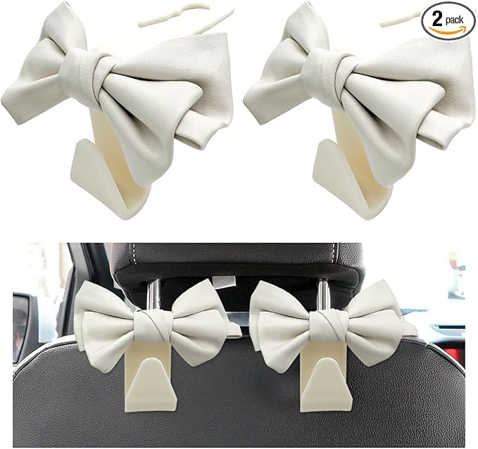 2PCS Purse Holder for Car Hooks, Cute Bow Car Seat Headrest Hooks Handbag Hanger, Bow Knot Auto Back Seat Organizer Storage Hook for Purse Bags Umbrellas, Car Accessories (White)