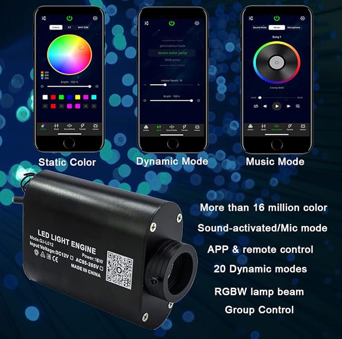 AZIMOM Bluetooth 16W RGBW Fiber Optic Lights Star Ceiling Lighting Kits 450pcs 0.03in 9.8ft Music Sound Activated APP Remote Control Car Home Headliner Decor