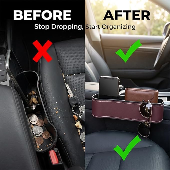 Car Seat Gap Filler Organizer, 2026 New Premium Leather Console Organizer for Holding Phone, Sunglasses, Auto Console Side Storage Box with Cup Holders 2 Seat Hooks for Drink (Black, 1Set)
