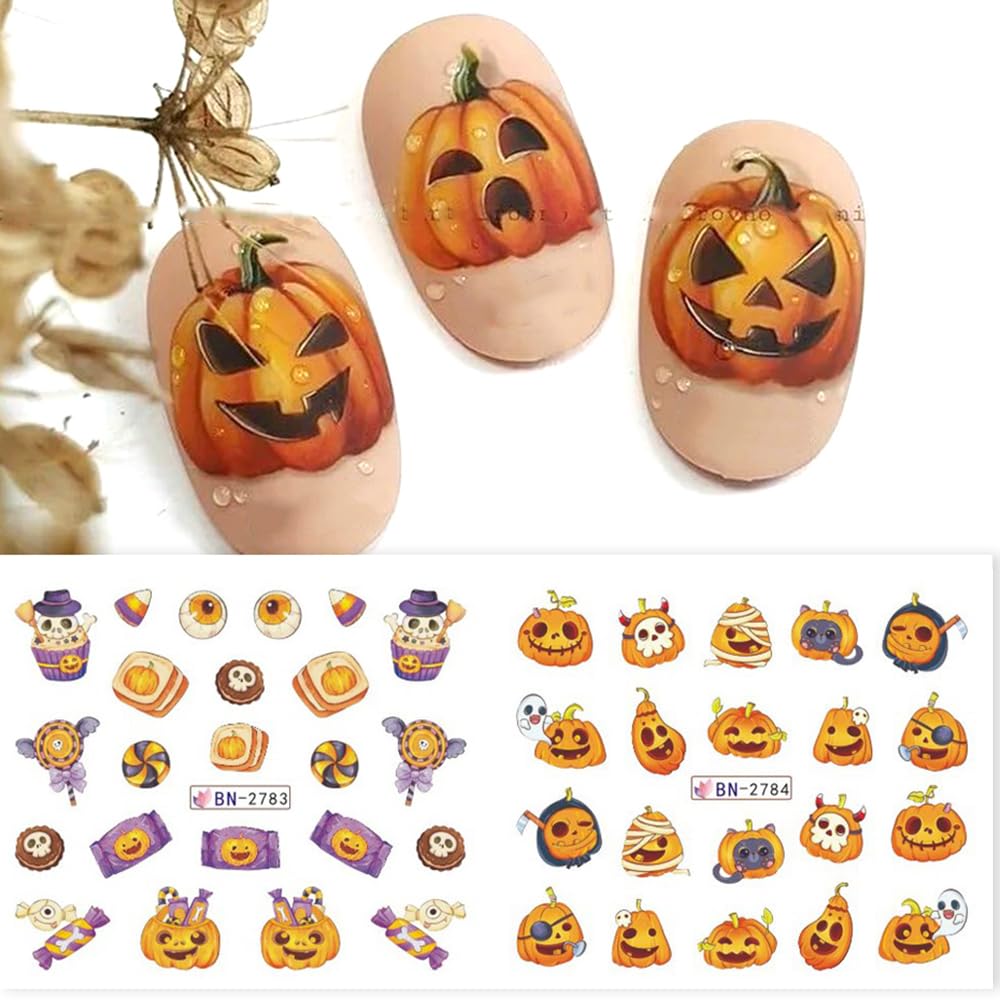 Halloween Nail Art Stickers - Spooky Ghost Pumpkin Water Transfer Foils Decals - Cartoon Witch Bat Spider Skeleton Designer Accessories for Nail Art - 12 Sheets