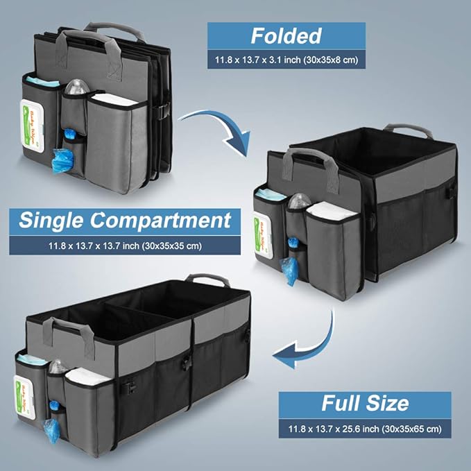 Collapsible Trunk Organizer & Diaper Changing Station, Baby Diaper Caddy Organizer with Movable Dividers, Easy-to-Reach for Back Seat Travel Car Organizer, Waterproof Car Trunk Organizer Groceries