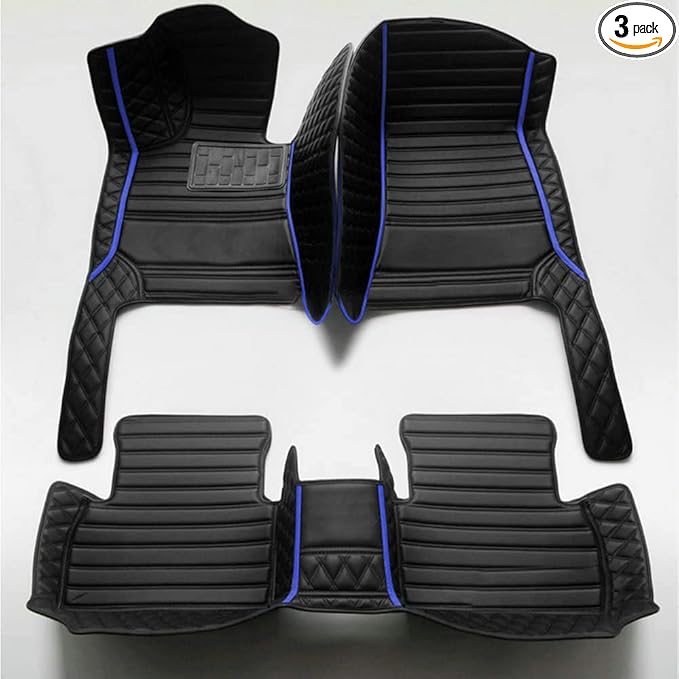 KaiLaiCarCustom Automotive Car Floor Mats for 99.99% Sedan SUV Sports Car Men Women Protection Full Coverage Pads Anti-Slip Leather Floor Lining (Black + Blue bar, E- Diamond + Strip +Color Bars)