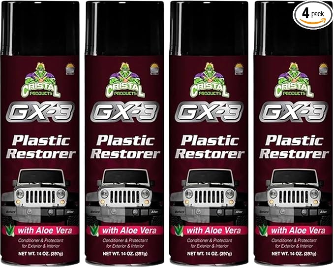 GX-3 Plastic Restorer – Black Plastic Restorer for Cars & Automotive Trim Restorer – Interior Car Cleaner & Exterior Faded Plastic, Vinyl & Rubber Renewer with Aloe Vera 4PK (14 fl oz)