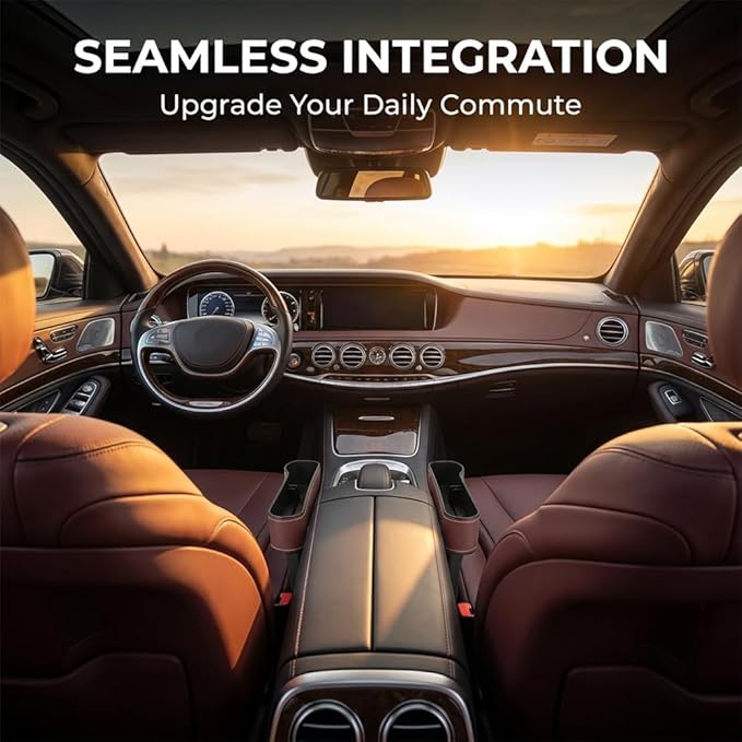 Car Seat Gap Filler Organizer, 2026 New Premium Leather Console Organizer for Holding Phone, Sunglasses, Auto Console Side Storage Box with Cup Holders 2 Seat Hooks for Drink (Beige, Passenger Seat)