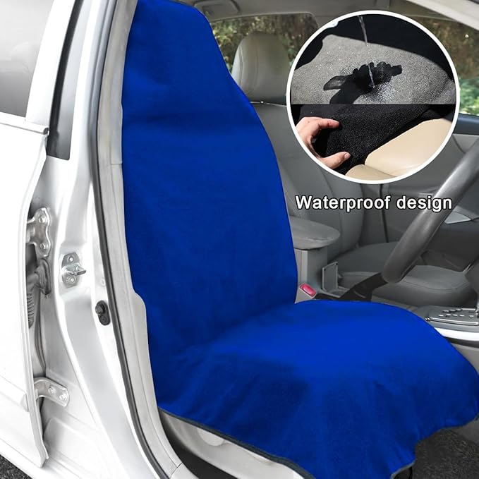 2PCS Car Towel Seat Cover, Waterproof Sweating Non-Slip Premium Soft Towel Carseat Protector, Universal Machine Washable Car Truck SUV Front Seat Cover for Gym Workout Beach Hiking (Blue)