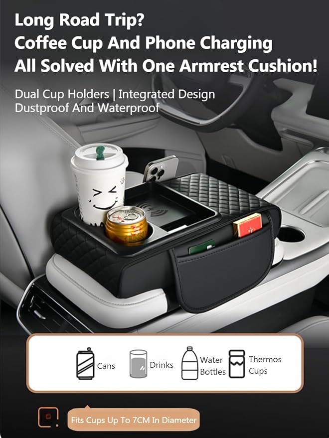 Car Armrest Pad with Built-in Induction Charging, Leather Center Console Cushion with 15W Power Pad, Dual Cup Holders, Storage Pockets - Light Beige