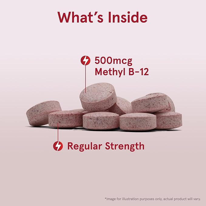 Jarrow Formulas Regular Strength Methyl B-12 500mcg, Dietary Supplement for Cellular Energy Production and Brain Health Support, 100 Cherry-Flavored Chewable Tablets, 100 Day Supply, Pack of 12