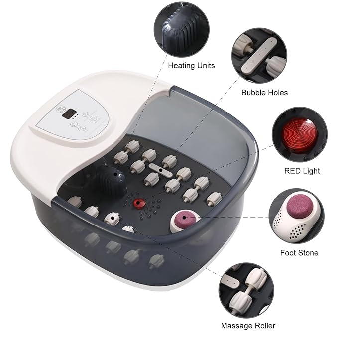 Foot Spa Bath Massager with Heat [2025 Upgraded], Vibration, Temperature Control, Jets, Bubbles, Epsom Salt, Feet Massager with 22 Massage Rollers, Foot Bath for Relaxation, Large, Grey