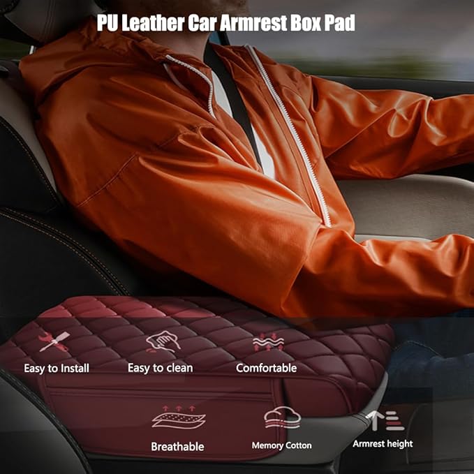 Universal Memory Cotton Car Armrest Box Pad, 2026 New Leather Car Armrest Box Pad with 2 Storage Bags, Auto Armrest Seat Box Cover, Center Console Cover Cushion for SUV, Car, Truck (Red)