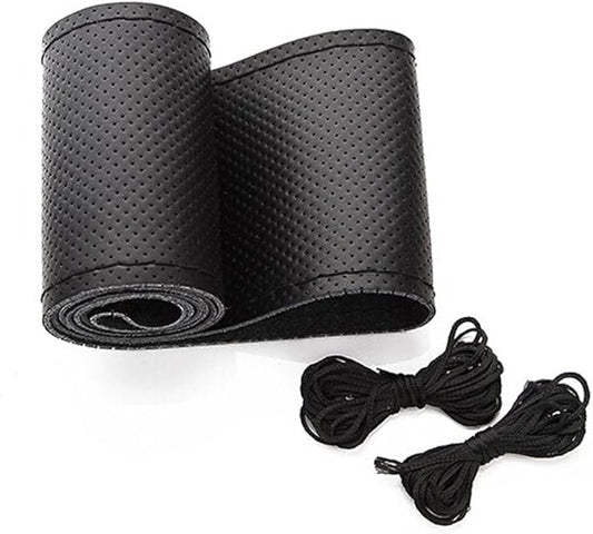 Onerbuy Universal Leather Car Steering Wheel Stitch On Wrap Cover DIY Sewing Breathable and Anti Slip, Maximum for 15-Inch Diameter Car Steering Wheel (Black)