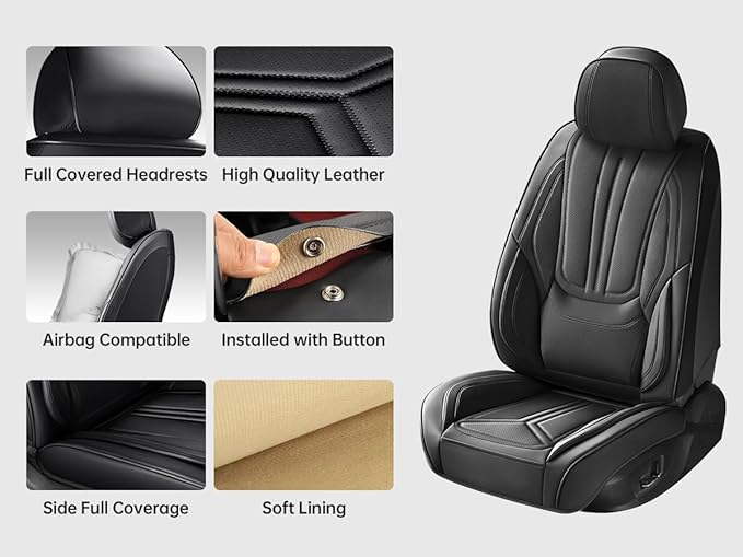 Car Seat Covers, Premium Leather Car Seat Covers, Waterproof and Breathable Seat Covers, Universal Car Seat Protector Fit for Cars, Trucks, SUVs, Pick-ups (Black, 2 PCS Front Seat)