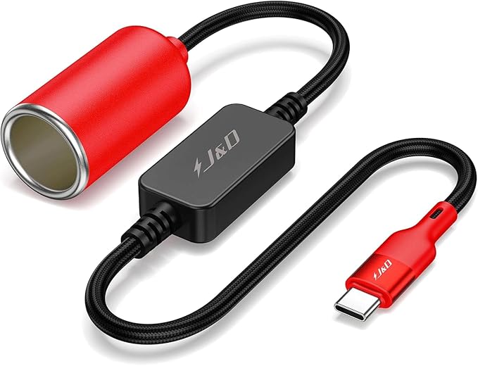 J&D USB C Male to 12V Car Cigarette Lighter Socket Female Converter Cable, 12V 18W Power Cable for Dash Cam, GPS, Car LED Light Strips, Red, 3 ft