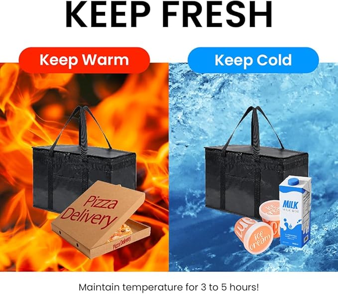NZ home Insulated Bags for Food Delivery (2XL PRO) Grocery Shopping Cooler Bag, Pizza Delivery, Hot & Cold Catering Tote, Reusable, Foldable & Heavy Duty (Gray)