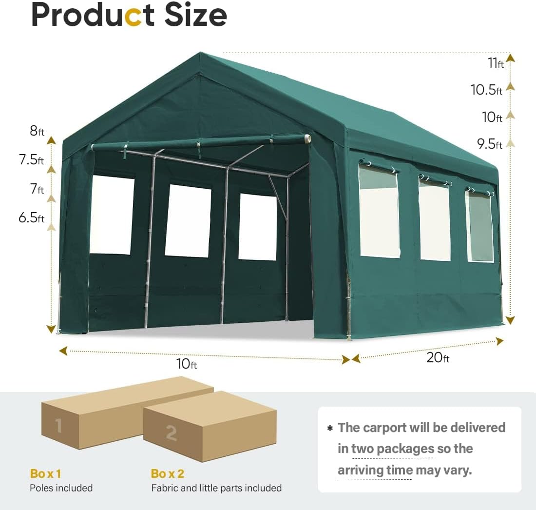 ADVANCE OUTDOOR 10x20 ft Adjustable Height Carport with Removable Window Sidewalls and Doors, Heavy Duty Car Canopy Garage Party Tent Boat Shelter with Reinforced Poles, Green
