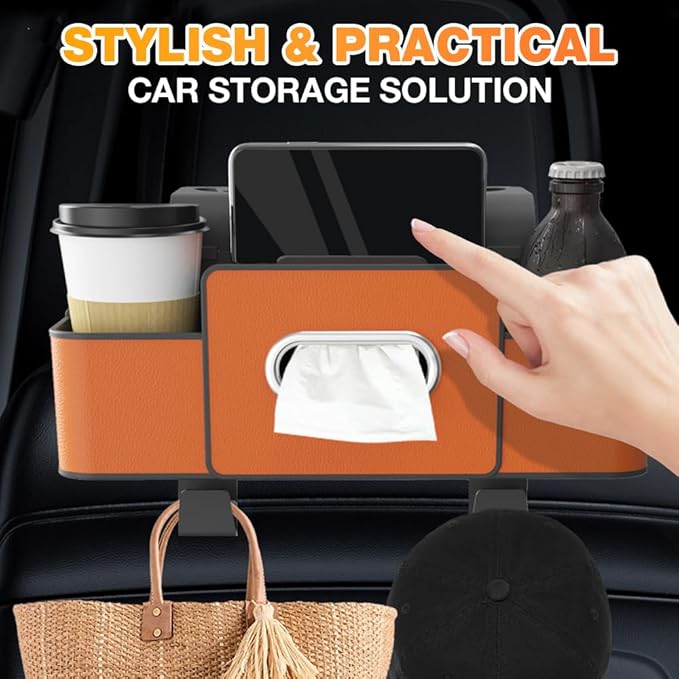 Back Seat Car Organizer,3 in 1 Car Backseat Storage Box with Cup Holder,Tissue Box,Trash Bin&Hooks,Multifunctional Waterproof Storage for Hold Phones Snacks Drinks Handbags (1, Orange)