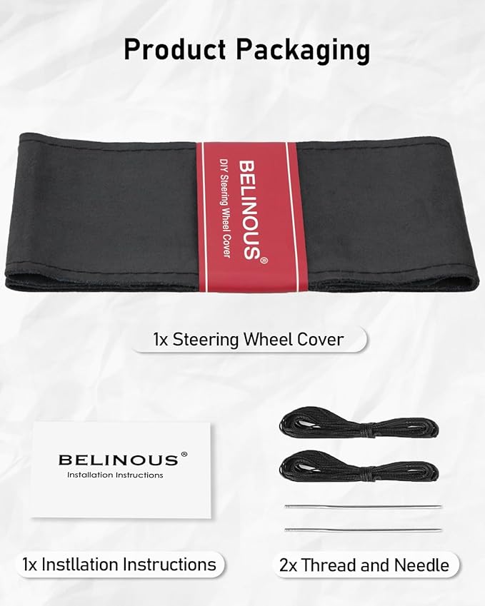 Belinous Suede Leather Steering Wheel Cover, DIY Stitch-On Steering Wheel Wrap with Needle & Thread, Non-Slip & Sweat-Absorbing, Universal Fit for 13.75-16 Inch (Size M3, Black)
