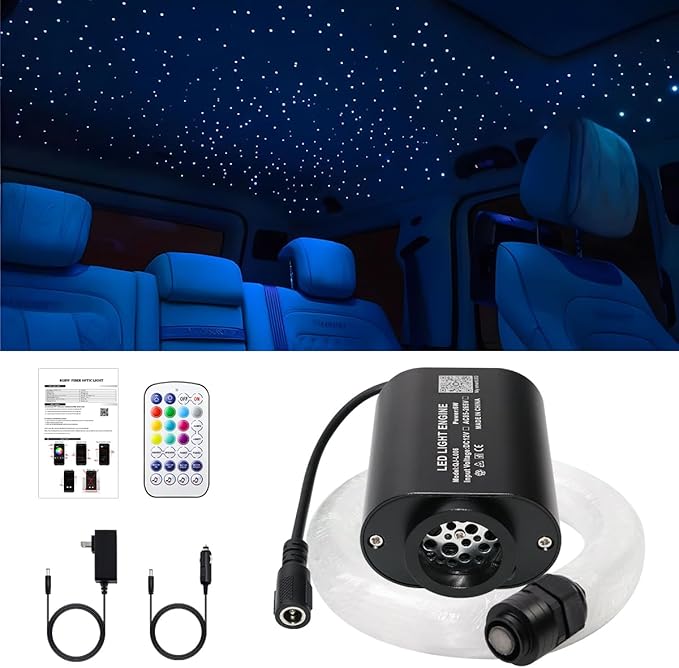 AMKI Mini 6W Starlight Headliner Kit 300pcs 0.03in 9.8ft,Twinkle+Sound Activated Fiber Optic Light 4Lamp Beam Starlight Box APP/Remote Control for Car Home Star Ceiling Decoration