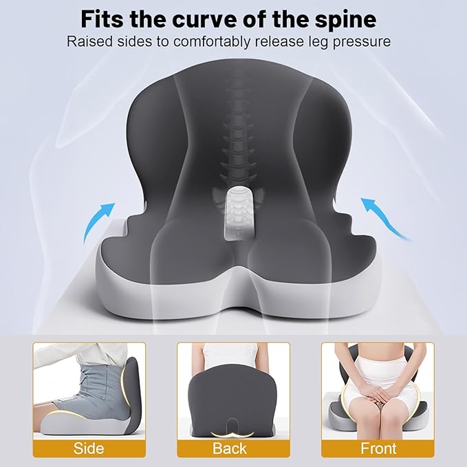 Car Seat Cushion for Long Driving, Ergonomic Memory Foam Seat Cushion, Car Seat Cushion for Back Pain and Lumbar Support Non Slip and Easy Clean for Driving Gaming Chair and Travel A Black Gray