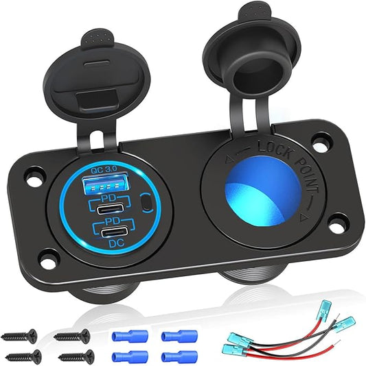 Upgraded 78W 3 Port 12V 24V USB Outlet Cigarette Lighter Socket Panel, Dual 30W PD and QC3.0 Multi Port Cylinder Charger with Button Switch and 150W Lighted Socket 2 in 1 DIY Kit for Car Boat RV, etc.