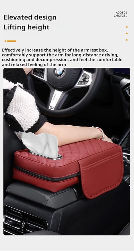 Center Console Cover Arm Rest Cover Leather Car Armrest Box Pad with Pocket Tissue Box Hole Auto Armrest Cover Cushion for Car Sedan Vehicle (Red)