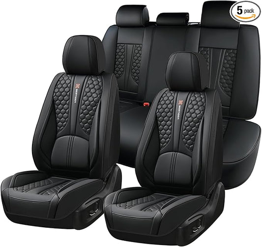 Black Universal Car Seat Covers Premium Nappa Leather with Lumbar Support Waterproof Full Set Non-Slip Contoured Fit Airbag Compatible Fits Most Vehicles Easy to Clean and Install