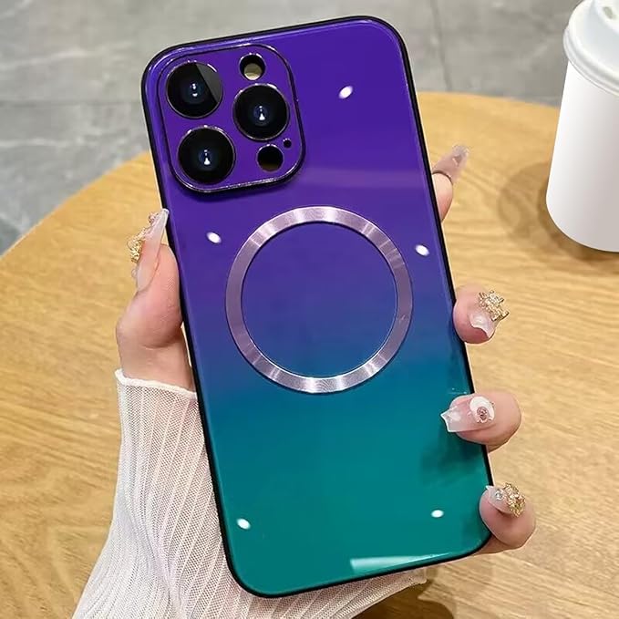 Guppy Compatible with iPhone 14 Pro Max Case Magnetic, with Full Camera Lens Protector [Compatible with MagSafe] Scratch Resistant Gradient Glass Back Cover Phone Case-Purple