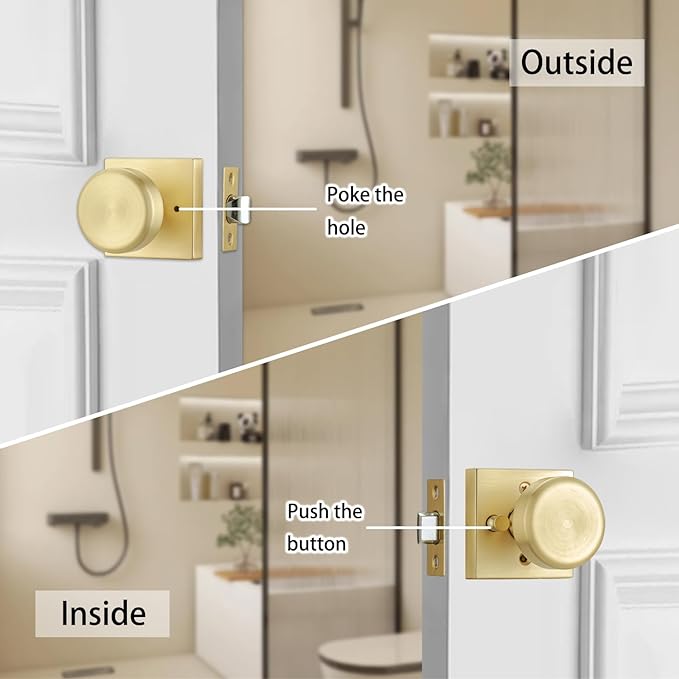 6 Pack Brushed Gold Door Knob with Square Rosette, Heavy Duty Door Knob with Lock, Interior Door Handles for Bath & Bed,