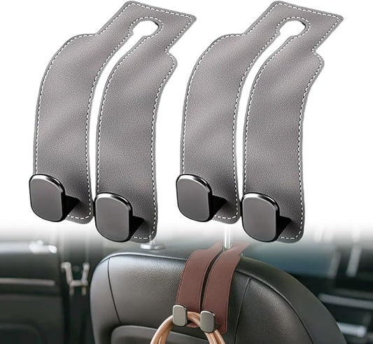 2026 New 2 in 1 Car Seat Back Storage Hook, Car Backseat Organizer Accessories, Premium Leather Headrest Hook for Auto Hooks Organizer for Handbag Purse Coat Bags (1, Grey)