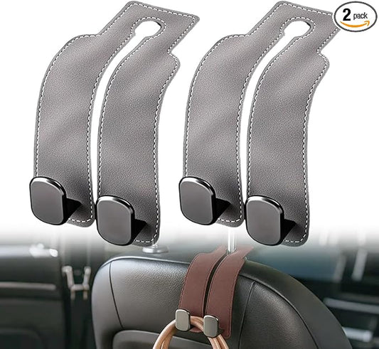 2026 New 2 in 1 Car Seat Back Storage Hook, Car Backseat Organizer Accessories, Premium Leather Headrest Hook for Auto Hooks Organizer for Handbag Purse Coat Bags (2, Grey)