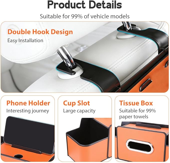 Multifunctional Car Seat Back Storage Box, 3-in-1 Backseat Car Organizer with Dual Cup Holders, Hold Phones, Snacks, Drinks, and Handbags (Beige)