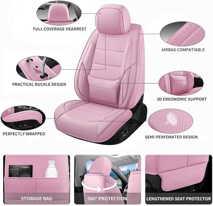 Car Seat Covers Full Set Custom Fit for Ford Edge 2007-2025 2026 - Premium Faux Leather with Lumbar Support, Waterproof, Breathable, Anti-Slip, Easy to Install (Pink, Full Set)