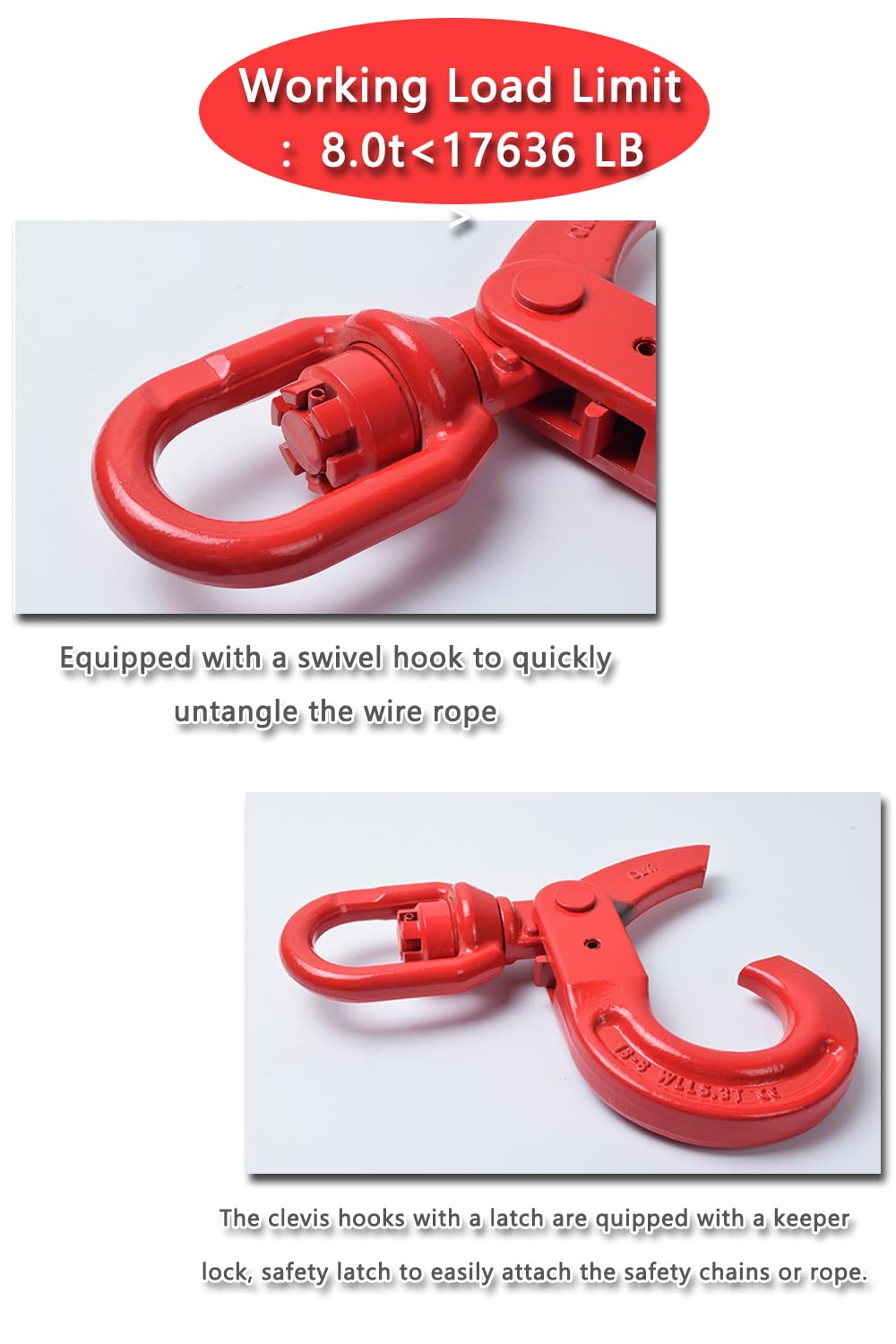 Swivel Self-Locking Hook 17636 lbs Heavy Duty Swivel Lifting Hook Swivel Lifting Hook Hoist Hook Sling Heavy Cargo 【8.0ton】