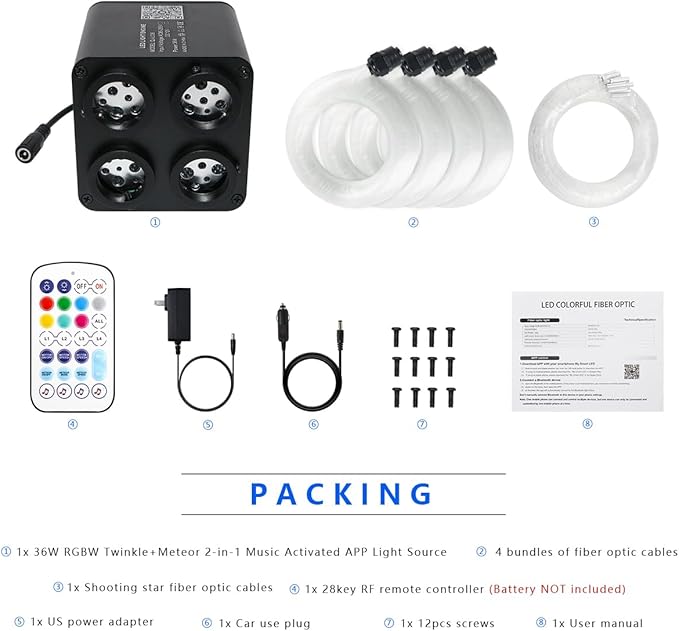 AKEPO 36W 4 Color Twinkle Fiber Optic Starlights Headliner Lights Kit, Optical Fibers Music Sync Bluetooth APP Control Starlight Kit, 2000pcs*13.1ft +240pcs Colorful Shooting Star