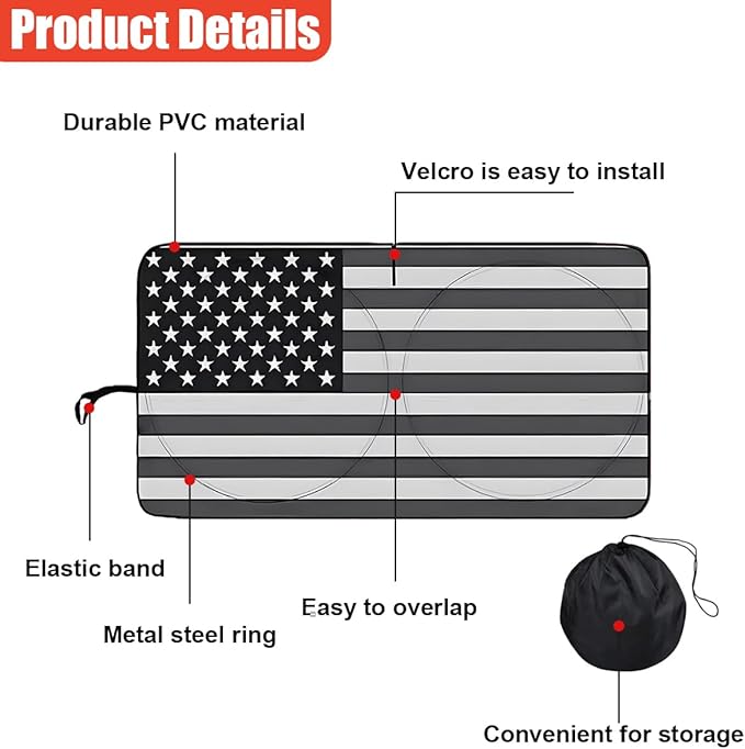 American Flag Car Windshield Sun Shade, Foldable Car Front Window Sunshade for Cars SUV Truck, Auto Interior Sun Protection Cover, Blocks UV Rays & Keeps Your Vehicle Cool (Black, XL)