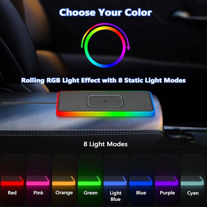 Cordless Car Charging Pad for GMC Sierra HD 2013 2014 2015 2016 2017, 5W/7.5W/10W/15W/20W Charging, Trim-to-Fit Non-Slip Phone Charging Mat with 8 Ambient Light Modes, 100cm Cable,B Type-C