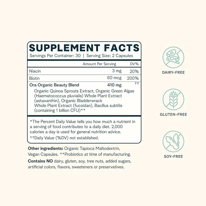Ora Organic Hair, Skin, and Nails Support- BeYouTiful - Beauty Supplement with B Vitamins and Algae Extracts for Healthy Hair and Skin - 60 Vegan Capsules