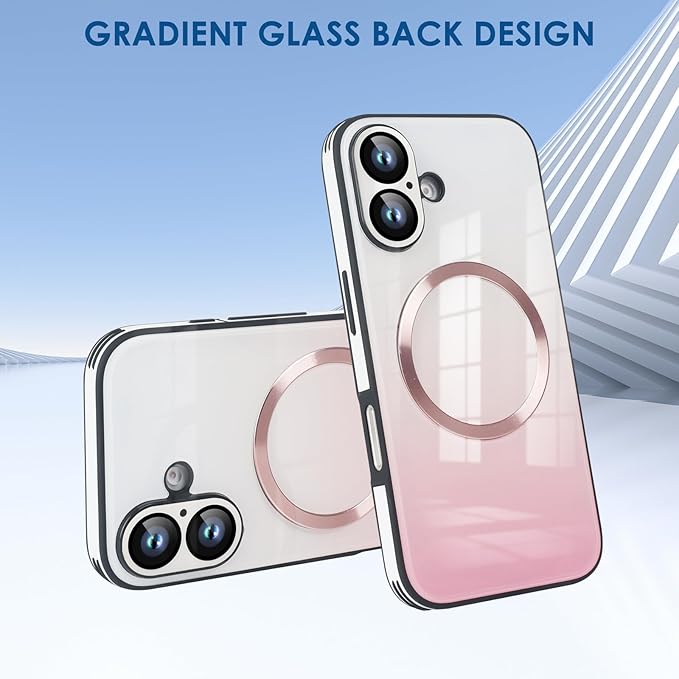 Guppy Compatible with iPhone 16 Plus Case Magnetic, with Full Camera Lens Protector [Compatible with MagSafe] Scratch Resistant Gradient Glass Back Cover Phone Case-Pink