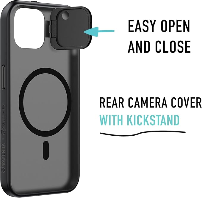 Spy-Fy Privacy Case Compatible for iPhone 15 with Camera Covers Front and Rear | Smokey Black | Magsafe Compatible and Kickstand | 6-Foot Drop Proof | 6,1 Inch | Camera Protection by Valenta
