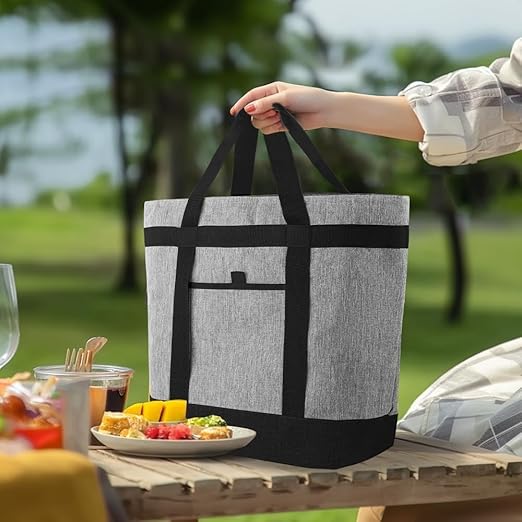 CIVJET Insulated Reusable Tote Bag for Grocery Shopping for Women/Men, Waterproof Cooler Bags for Travel/Beach/Picnic, Pizza/Food Delivery Bag to Keep Food Cold/Hot (Cationic Cloth, Grey，2-Pack)