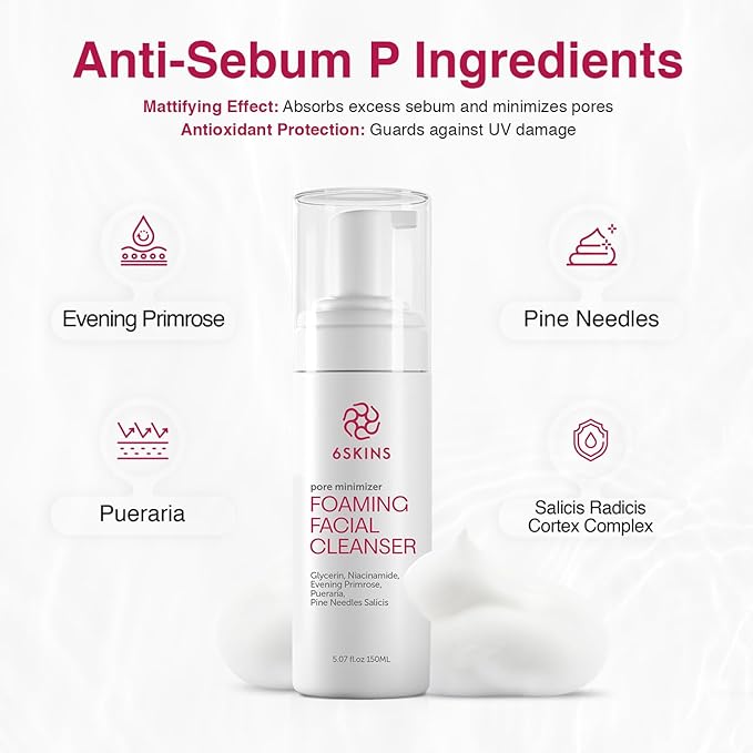 6SKINS® Pore Minimizer Foaming Facial Cleanser – Exfoliating Face Wash with Anti-Sebum P, Niacinamide & Evening Primrose | Gentle Hydrating Korean Face Wash for All Skin Types | 5.07 fl oz