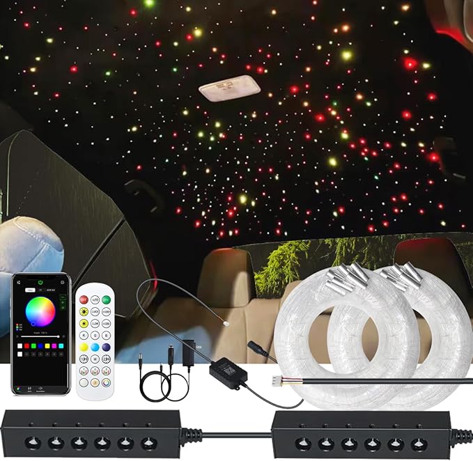 AZIMOM 6LED Colorful Fiber Optic Starlight Headliner Kits 720pcs*0.03in*13.1ft Fiber Strands APP& Remote Control Mix Color Chase Timing Fiber Optic Star Light for Car Home Sky Star Decoration