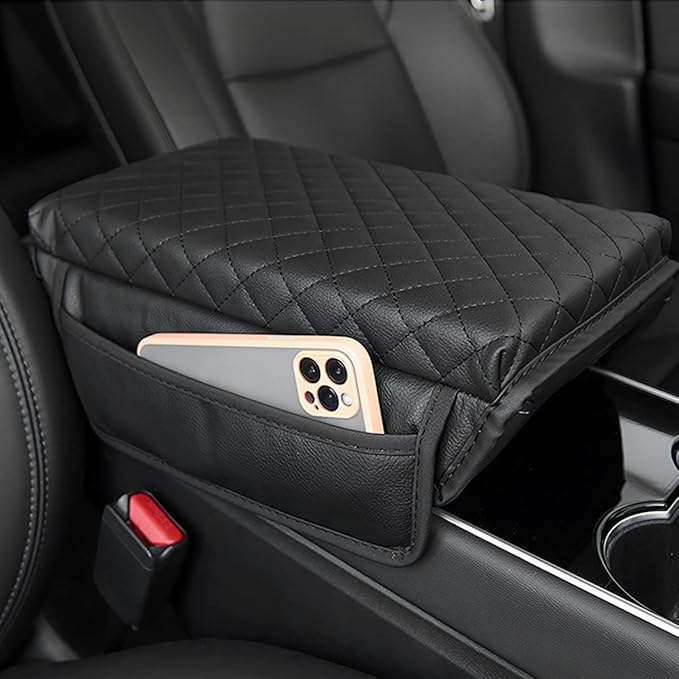 zipelo Car Armrest Cushion, Carbon Fiber Leather Auto Center Console Pad, Memory Foam Armrest Box with Storage Bag, Hand Rest Pillow with Organizer Pockets, Universal Fit for Most Vehicles (Beige)