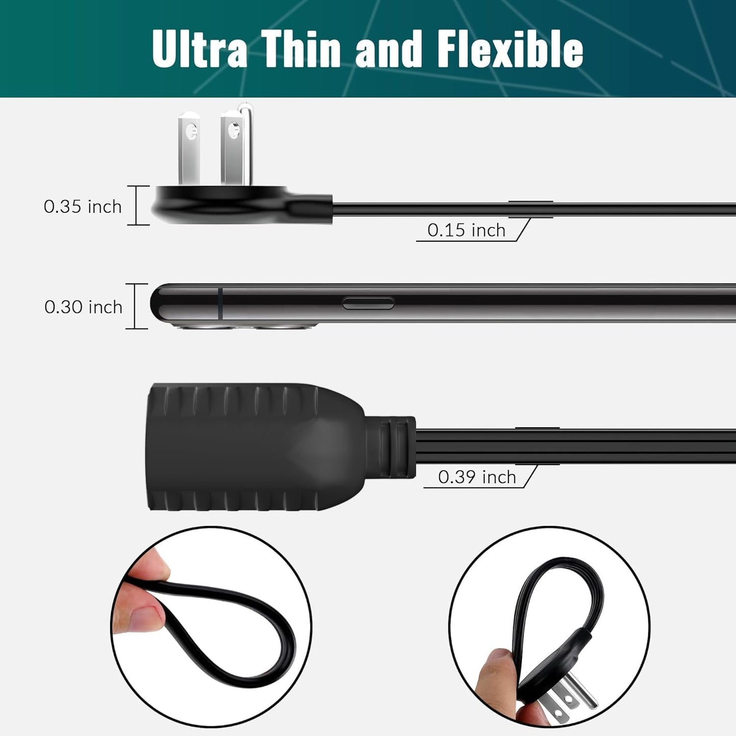 Elecan Flat Plug Extension Cord 8 Ft 2 Pack with Slim Space-Saving Plug Design, Thin Flat Cable Low Profile Power Cord 3 Prong Grounded Wire, 16 Gauge 13 A/125 V-Black-ETL Certified