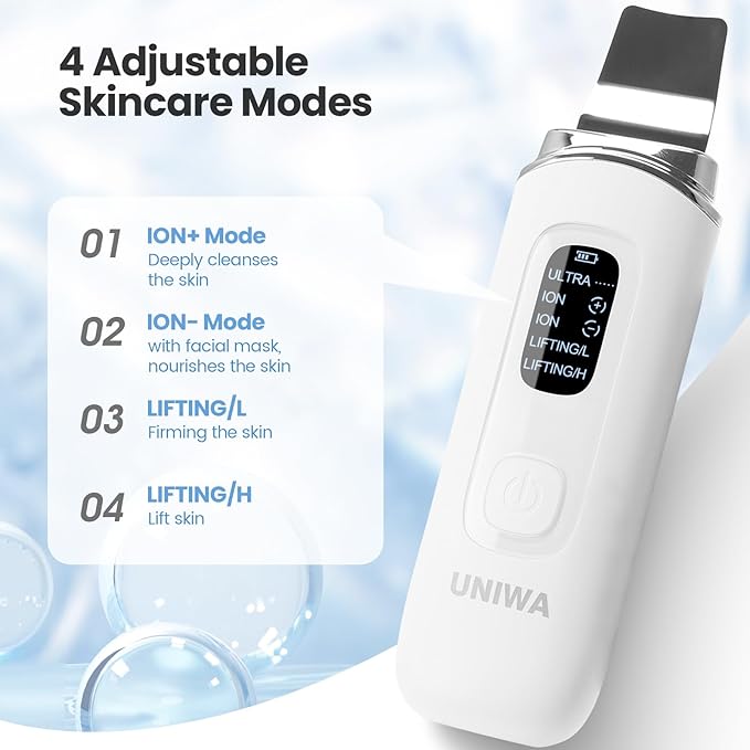 UNIWA Skin Scrubber Face Spatula, Skin Scrubber Pore Cleaner Blackhead Remover Tool for Deep Facial Cleansing - 4 Modes, Face Spatula with USB Charger, LCD Display, IPX7 Waterproof - White